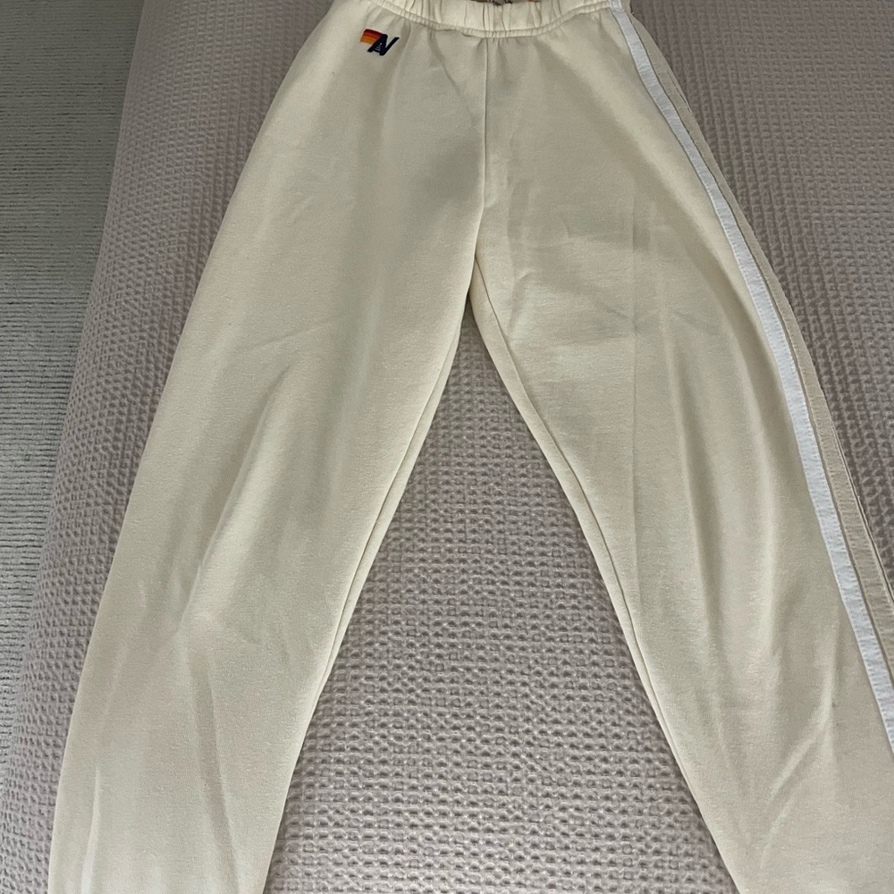 Aviator Nation Cream Pants with Rainbow Detail